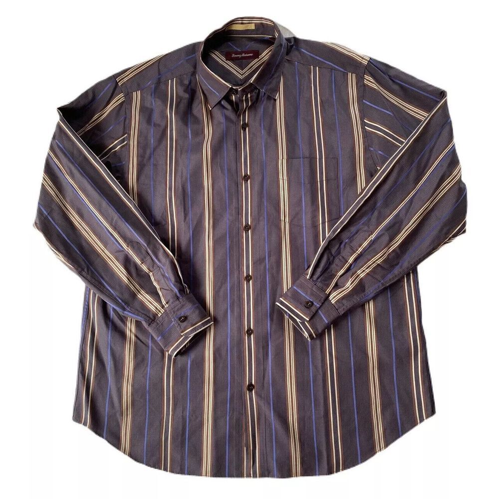 Tommy Bahama 100% Silk Button Down Shirt Brown & Blue Stripe Men's Size Large L